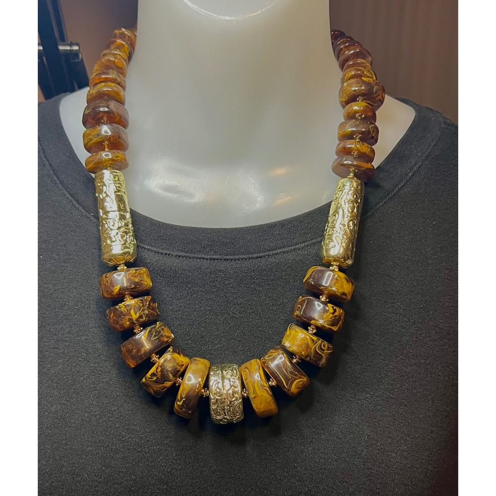 Statement Chunky high low Necklace Large Brown Beads with Silver Tone Accents